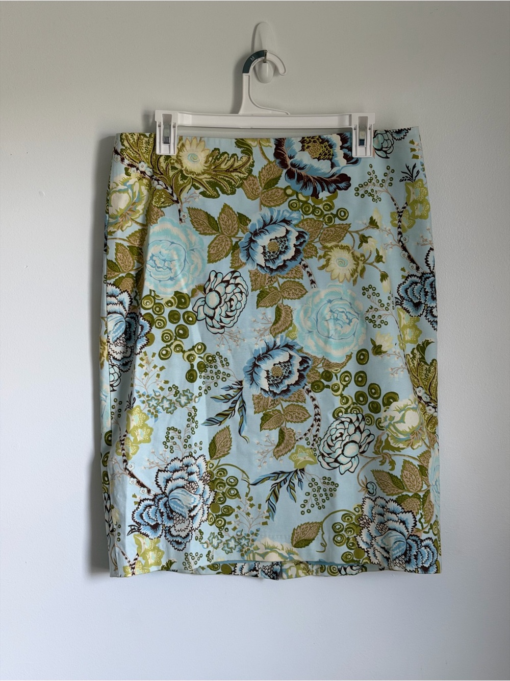 Talbots Light Blue Floral Pencil Skirt with Green and Cream Accents